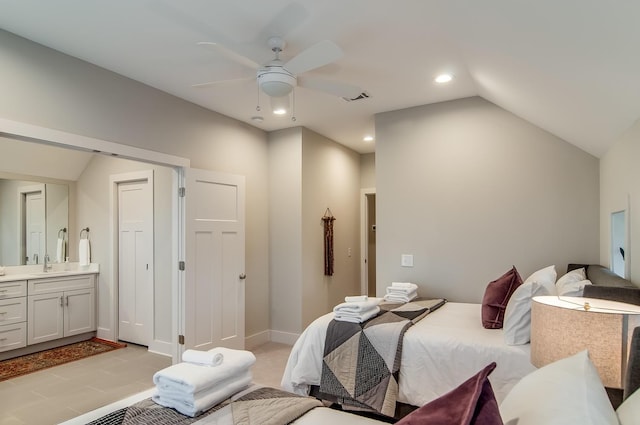 2021 Beech Ave Unit 5, Nashville, TN 37204 - bedroom with lofted ceiling, connected bathroom, a ceiling fan, recessed lighting, and a sink