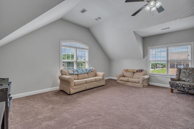 201 Abbey Rd, Lebanon, TN 37090 - living room with healthy amount of natural light, carpet flooring, lofted ceiling, and a ceiling fan