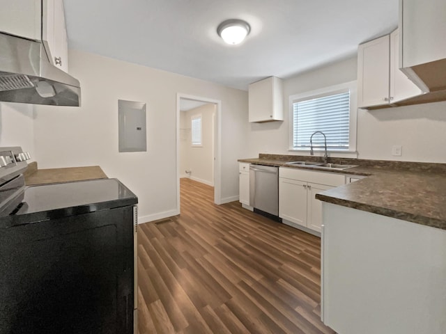 948 Oak St, Lewisburg, TN 37091 - kitchen with stainless steel dishwasher, a sink, electric range, electric panel, and under cabinet range hood