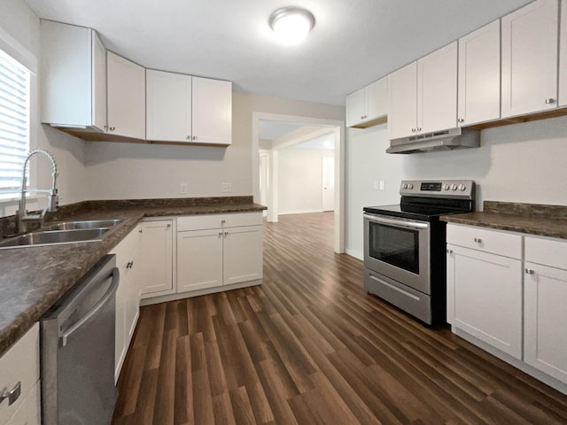 948 Oak St, Lewisburg, TN 37091 - kitchen with stainless steel appliances, under cabinet range hood, a sink, and dark wood-style floors