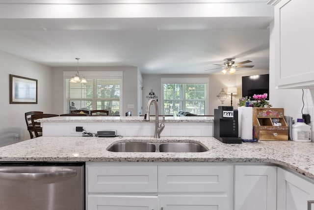 3021 Cambridge Ct, Lewisburg, TN 37091 - kitchen featuring dishwasher, a sink, white cabinets, ceiling fan, and light stone countertops