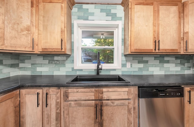 2897 Old Medina Rd, Jackson, TN 38305 - kitchen with dishwasher, a sink, dark countertops, and decorative backsplash