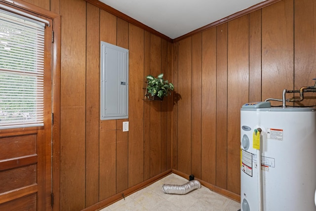 110 Rainbow Cir, Columbia, TN 38401 - doorway to outside with water heater, electric panel, and wood walls