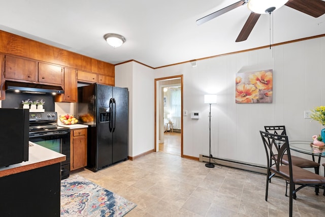 110 Rainbow Cir, Columbia, TN 38401 - kitchen featuring black appliances, under cabinet range hood, brown cabinets, light countertops, and ornamental molding
