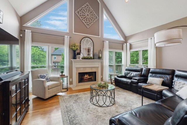 320 Julianna Cir, Franklin, TN 37064 - living area featuring plenty of natural light, high vaulted ceiling, wood finished floors, and a fireplace with flush hearth
