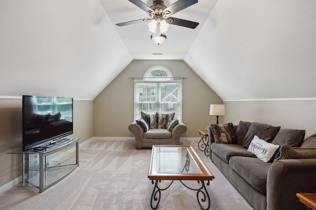 320 Julianna Cir, Franklin, TN 37064 - living area with light carpet, vaulted ceiling, a ceiling fan, and baseboards