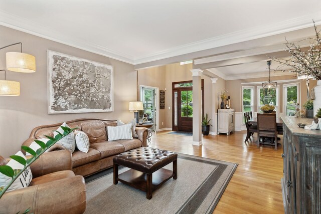 320 Julianna Cir, Franklin, TN 37064 - living room with decorative columns, light wood finished floors, crown molding, and baseboards