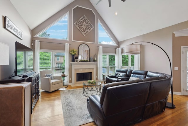 320 Julianna Cir, Franklin, TN 37064 - living room with high vaulted ceiling, a ceiling fan, light wood-style flooring, and a fireplace with flush hearth