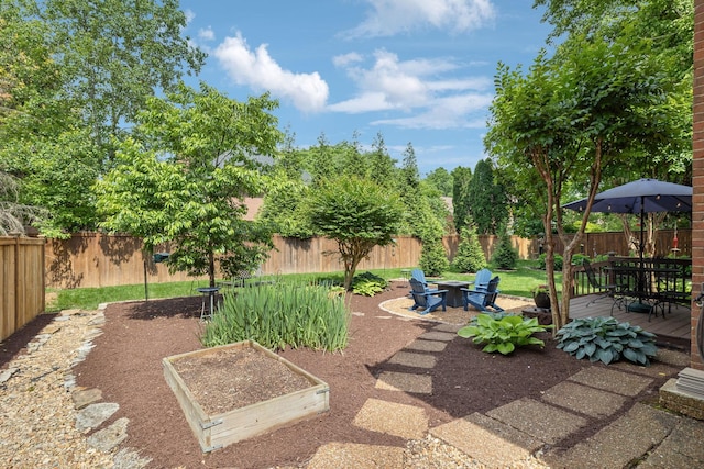 320 Julianna Cir, Franklin, TN 37064 - fenced backyard featuring a fire pit, outdoor dining space, a wooden deck, and a vegetable garden