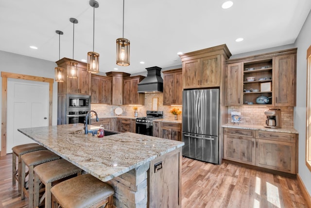 1055 Hunters Landing Ln, Smithville, TN 37166 - kitchen featuring stainless steel appliances, custom range hood, a sink, open shelves, and tasteful backsplash
