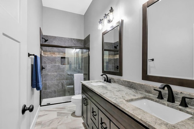 1055 Hunters Landing Ln, Smithville, TN 37166 - full bath featuring toilet, marble look tile flooring, double vanity, and a shower stall