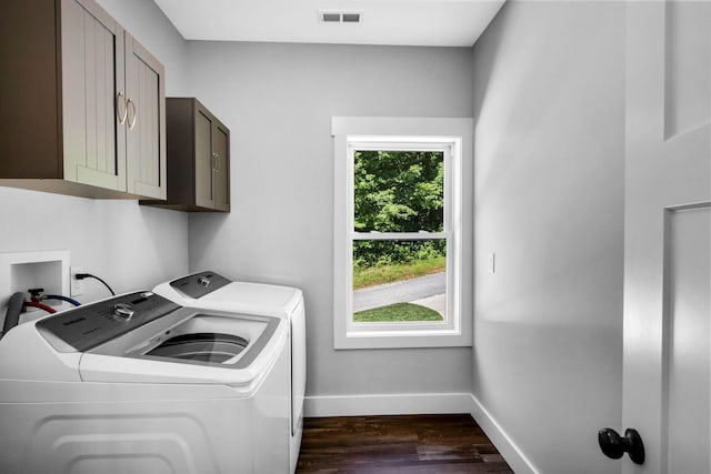 1055 Hunters Landing Ln, Smithville, TN 37166 - laundry room featuring cabinet space, washing machine and clothes dryer, baseboards, and dark wood-style floors