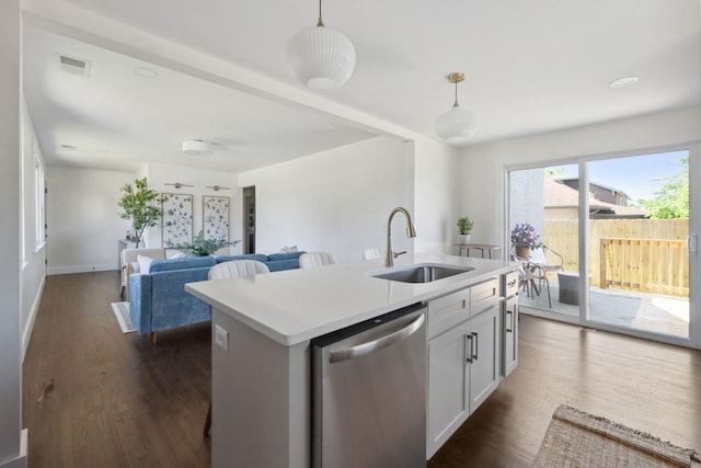 901 Elliston St, Old Hickory, TN 37138 - kitchen featuring stainless steel dishwasher, a sink, pendant lighting, and dark wood-style flooring