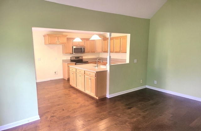 305 Lenox Ct, Springfield, TN 37172 - kitchen with stainless steel appliances, dark wood finished floors, vaulted ceiling, light countertops, and hanging light fixtures