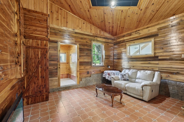 102 Nall Ave, Centerville, TN 37033 - living room featuring lofted ceiling, wood ceiling, and wooden walls