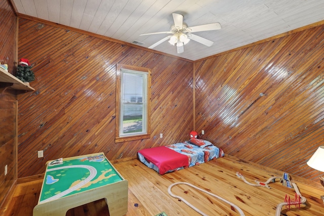 102 Nall Ave, Centerville, TN 37033 - bedroom featuring ceiling fan, wood ceiling, and wood walls
