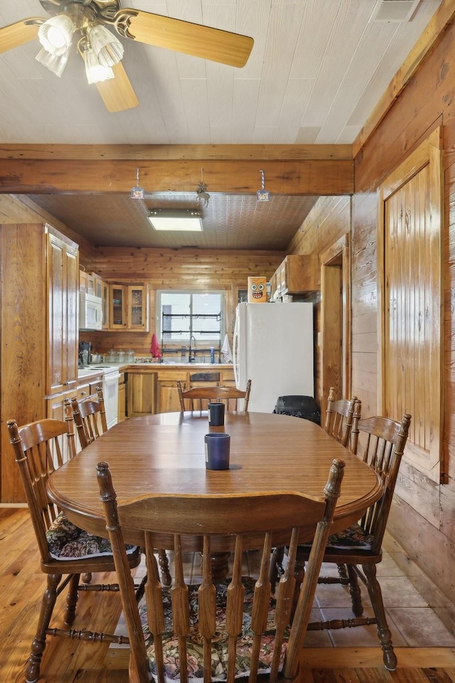 102 Nall Ave, Centerville, TN 37033 - dining area featuring wooden walls, ceiling fan, light wood finished floors, and wooden ceiling
