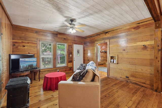 102 Nall Ave, Centerville, TN 37033 - living room with wood walls, hardwood / wood-style floors, ceiling fan, and wooden ceiling