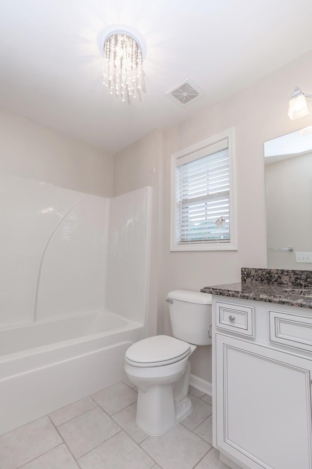 138 Beaver Creek Dr, Portland, TN 37148 - full bath featuring vanity, toilet, tile patterned floors, shower / tub combination, and a chandelier