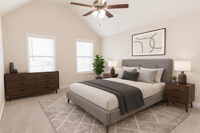 138 Beaver Creek Dr, Portland, TN 37148 - bedroom with light colored carpet, baseboards, lofted ceiling, and a ceiling fan