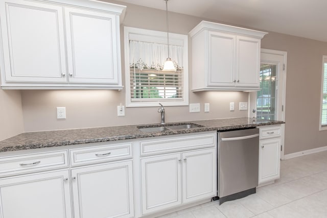 138 Beaver Creek Dr, Portland, TN 37148 - kitchen featuring dishwasher, a sink, dark stone counters, white cabinets, and decorative light fixtures