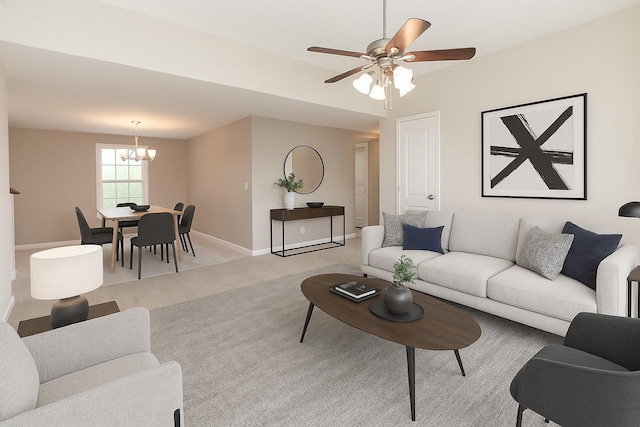 138 Beaver Creek Dr, Portland, TN 37148 - living area featuring a chandelier, light carpet, baseboards, and a ceiling fan