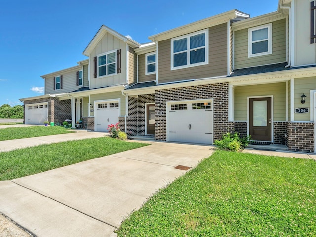108 Birdie Ct, Dickson, TN 37055 - view of front facade with brick siding, driveway, an attached garage, board and batten siding, and a front lawn