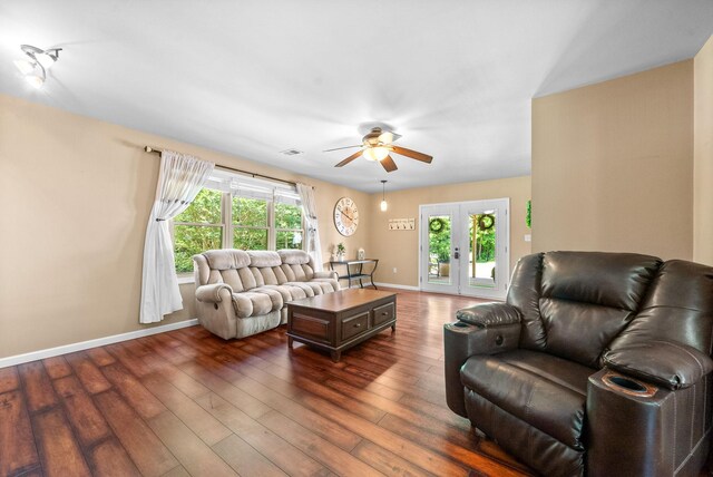 160 Terrapin Run Rd, Dover, TN 37058 - living room with a ceiling fan, french doors, baseboards, and dark wood finished floors