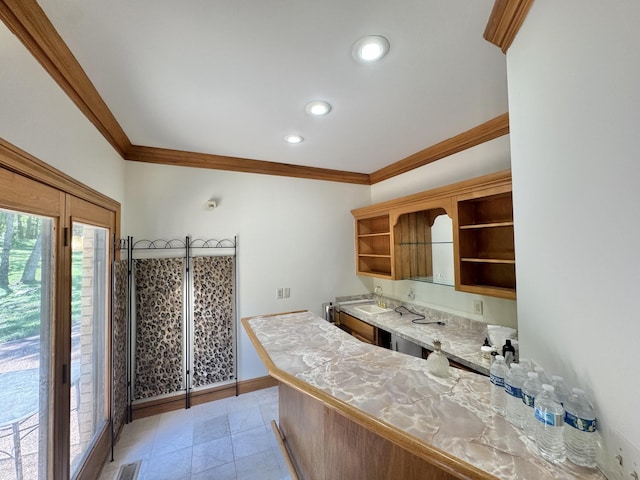 320 Shutes Cv, Old Hickory, TN 37138 - kitchen with open shelves, crown molding, light countertops, recessed lighting, and a peninsula