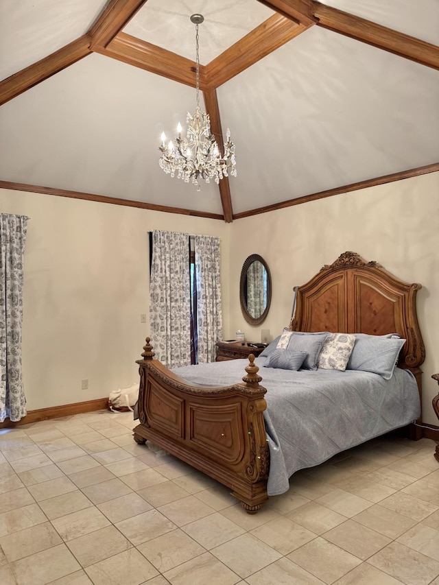 320 Shutes Cv, Old Hickory, TN 37138 - bedroom featuring a chandelier, light tile patterned flooring, high vaulted ceiling, beamed ceiling, and baseboards