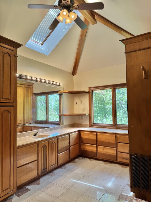 320 Shutes Cv, Old Hickory, TN 37138 - bathroom with a skylight, beam ceiling, ceiling fan, healthy amount of natural light, and high vaulted ceiling