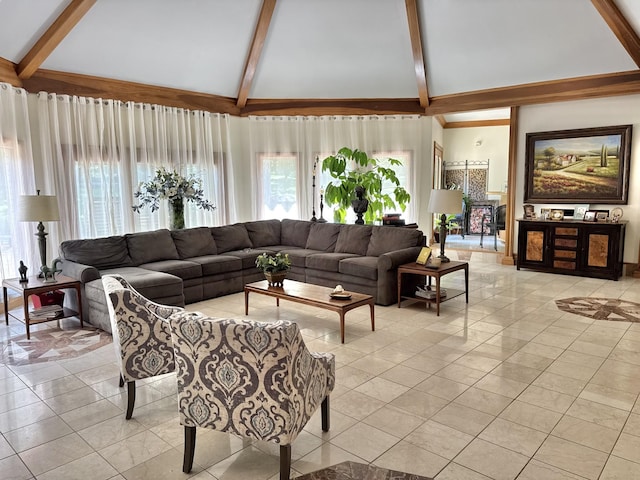 320 Shutes Cv, Old Hickory, TN 37138 - living area with high vaulted ceiling, beamed ceiling, and light tile patterned floors