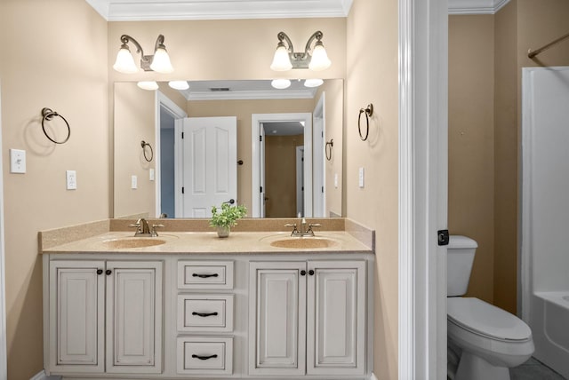 767 Dixie Ln, Pleasant View, TN 37146 - bathroom with toilet, double vanity, ornamental molding, and a shower