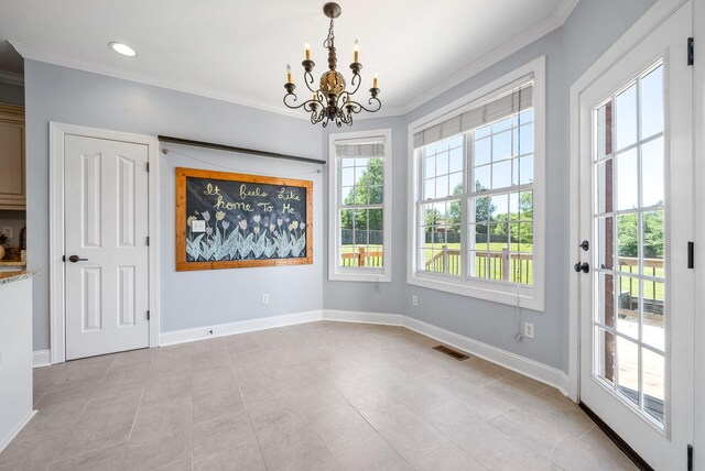 767 Dixie Ln, Pleasant View, TN 37146 - unfurnished dining area featuring ornamental molding, a chandelier, baseboards, light tile patterned floors, and recessed lighting