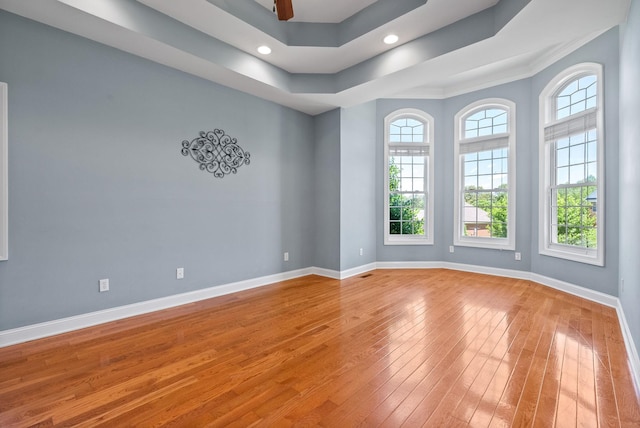 767 Dixie Ln, Pleasant View, TN 37146 - empty room with wood-type flooring, baseboards, ceiling fan, recessed lighting, and a tray ceiling