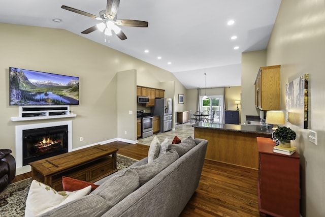 2815 Windy Way, Thompsons Station, TN 37179 - living area featuring lofted ceiling, a ceiling fan, dark wood-style flooring, recessed lighting, and a glass covered fireplace