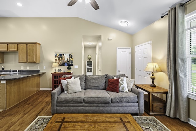 2815 Windy Way, Thompsons Station, TN 37179 - living area with dark wood-style flooring, ceiling fan, vaulted ceiling, and baseboards