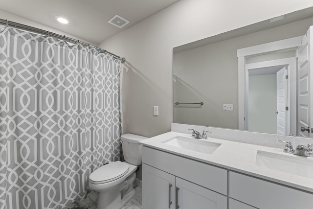 360 Gulfstream Dr, Gallatin, TN 37066 - bathroom featuring double vanity, toilet, a shower with curtain, and recessed lighting