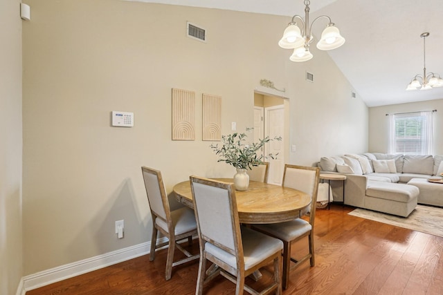 3408 Bruner Ct, Nashville, TN 37211 - dining area with a chandelier, wood finished floors, high vaulted ceiling, and baseboards