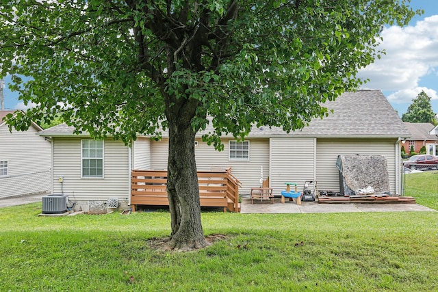 3408 Bruner Ct, Nashville, TN 37211 - rear view of house featuring central AC unit, a deck, a lawn, a shingled roof, and a patio