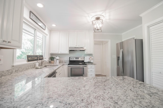 204 Tyne Blvd, Old Hickory, TN 37138 - kitchen featuring appliances with stainless steel finishes, under cabinet range hood, a sink, light stone counters, and white cabinets