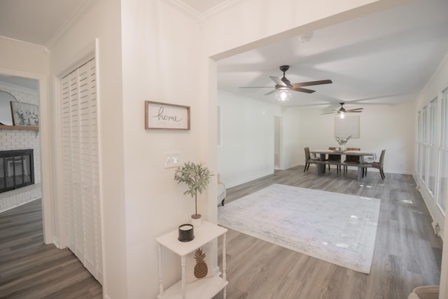 204 Tyne Blvd, Old Hickory, TN 37138 - interior space featuring wood finished floors, ceiling fan, a fireplace, crown molding, and baseboards