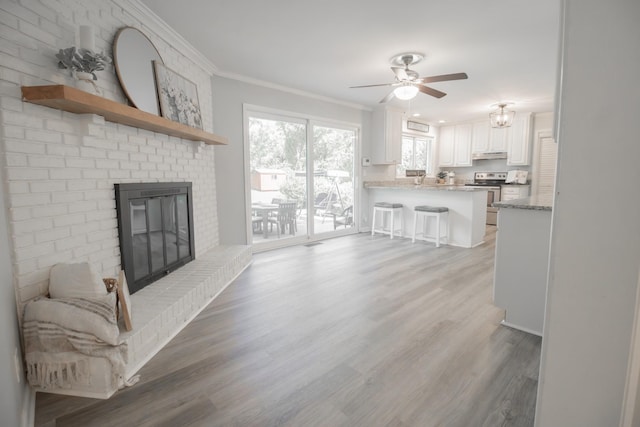 204 Tyne Blvd, Old Hickory, TN 37138 - unfurnished living room with crown molding, a fireplace, a ceiling fan, and light wood finished floors