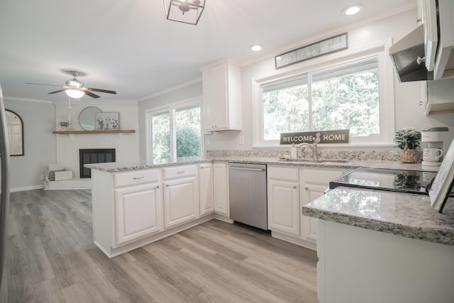 204 Tyne Blvd, Old Hickory, TN 37138 - kitchen with dishwasher, ornamental molding, a sink, a peninsula, and white cabinetry