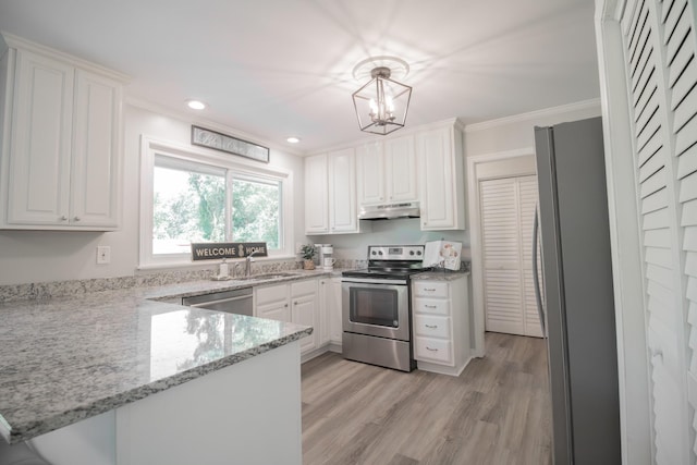 204 Tyne Blvd, Old Hickory, TN 37138 - kitchen featuring stainless steel appliances, under cabinet range hood, a peninsula, white cabinets, and crown molding