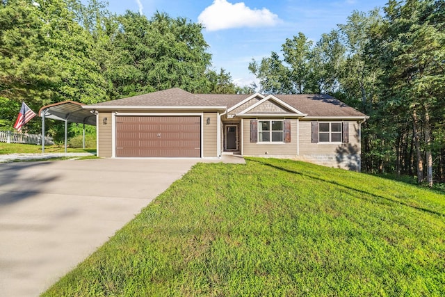 100 Station Dr, Waverly, TN 37185 - ranch-style house with an attached garage, concrete driveway, a carport, and a shingled roof