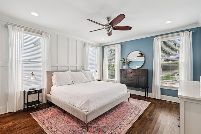 2809 Vaulx Ln, Nashville, TN 37204 - bedroom with dark wood finished floors, a ceiling fan, recessed lighting, and crown molding