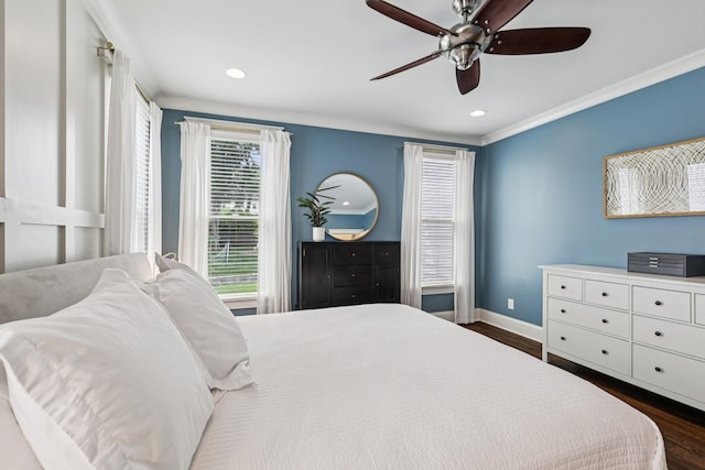 2809 Vaulx Ln, Nashville, TN 37204 - bedroom with dark wood finished floors, crown molding, a ceiling fan, and recessed lighting