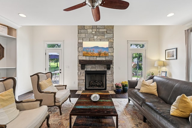 2809 Vaulx Ln, Nashville, TN 37204 - living room with a ceiling fan, wood finished floors, a fireplace, and recessed lighting