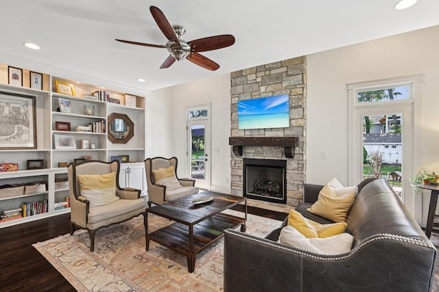 2809 Vaulx Ln, Nashville, TN 37204 - living area with wood finished floors, ceiling fan, a fireplace, and recessed lighting